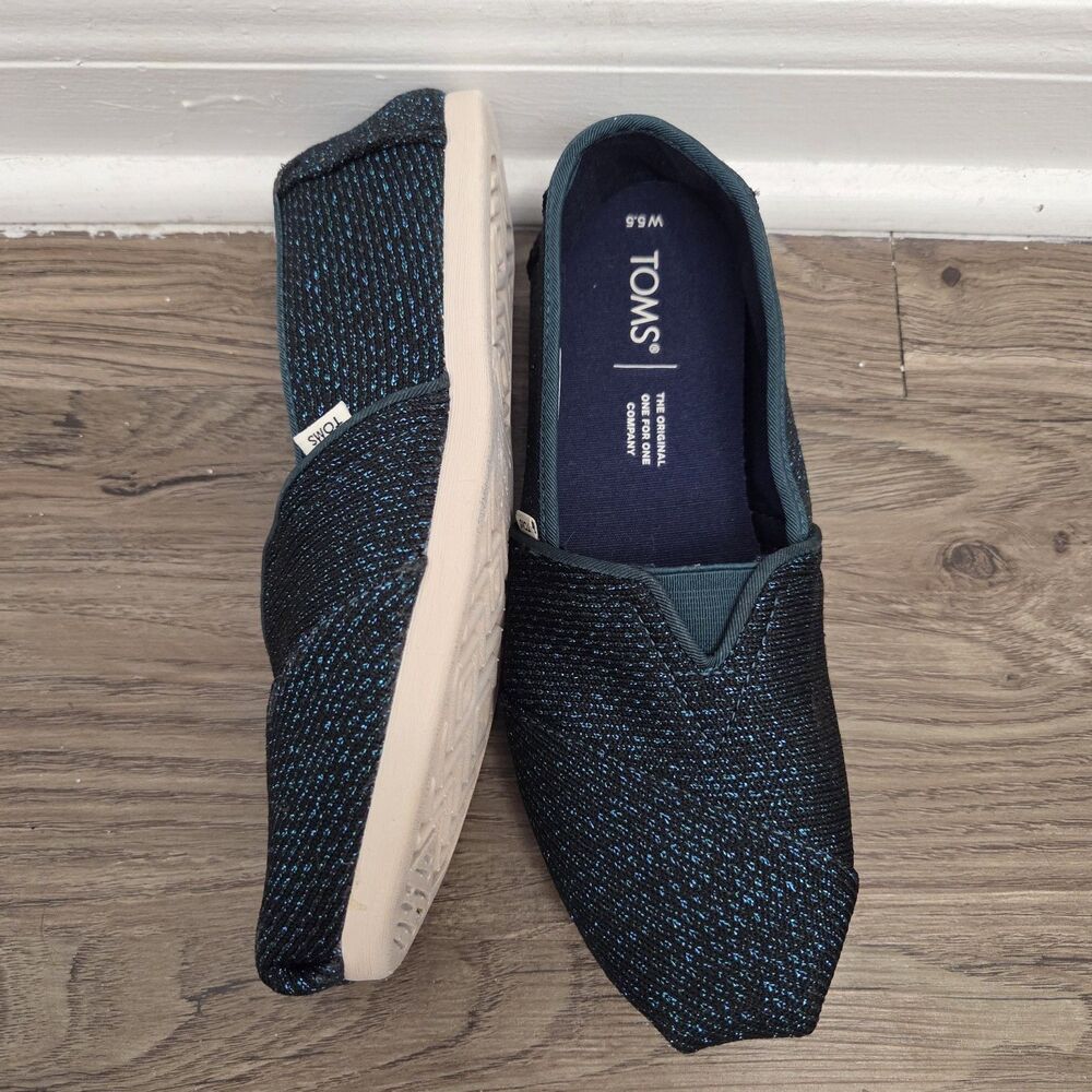 Toms Alpargata Shoe Womens Sz 5.5 Galapagos Green Sparkling Glitter Knit Slip On